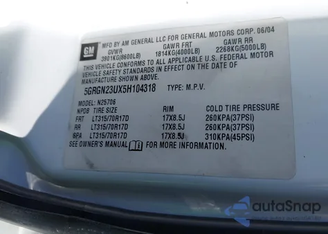 2005 Hummer H2 Suv from USA, damaged, VIN 5GRGN23UX5H104318